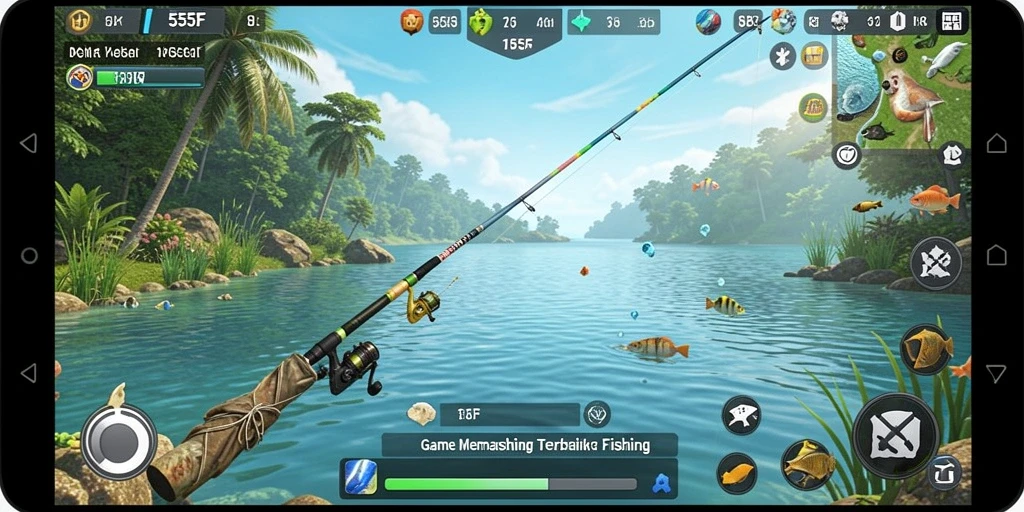 Gameplay seru di 555F dengan berbagai lokasi memancing.