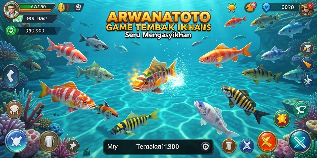 Tangkapan layar gameplay seru ARWANATOTO dengan aksi tembak ikan.