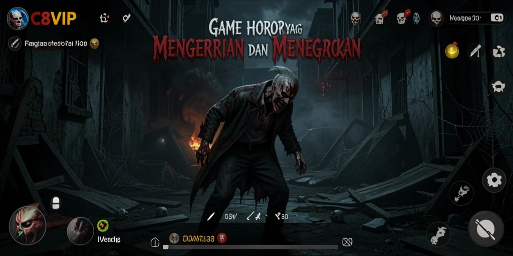 Screenshot C8VIP menampilkan suasana mencekam saat gameplay horor.