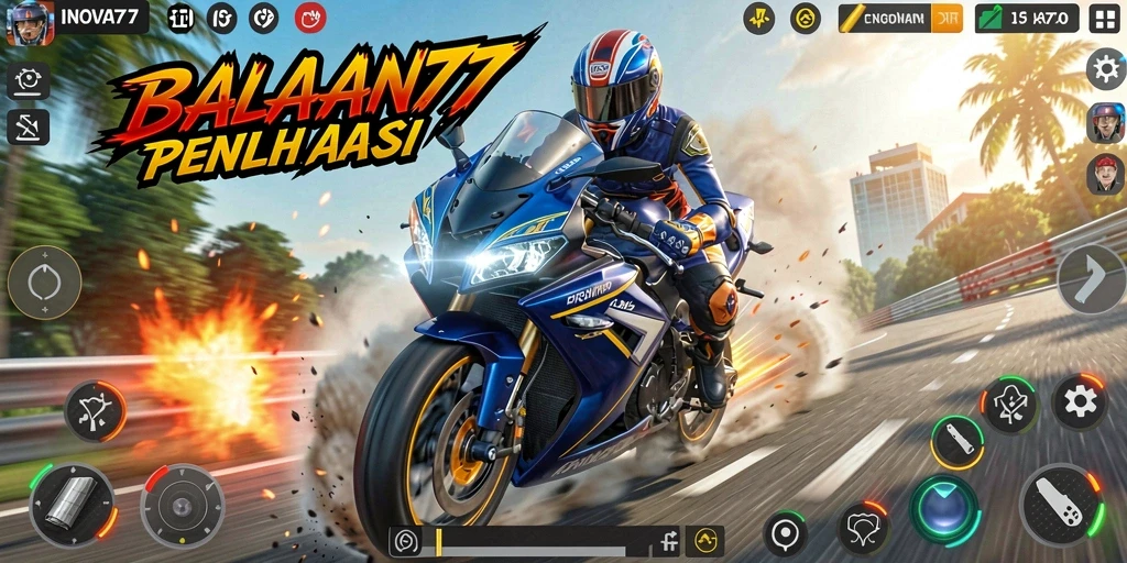Screenshot gameplay INOVA77 yang menampilkan balapan motor yang seru.