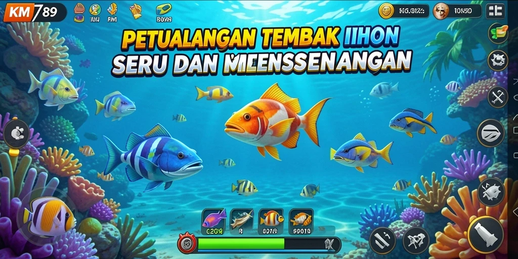Screenshot gameplay KM789 menampilkan aksi menembak ikan yang seru.