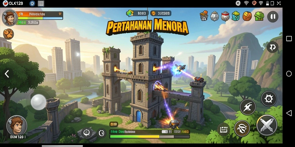 Screenshot OLX128 menunjukkan aksi mendebarkan dalam Tower Defense.