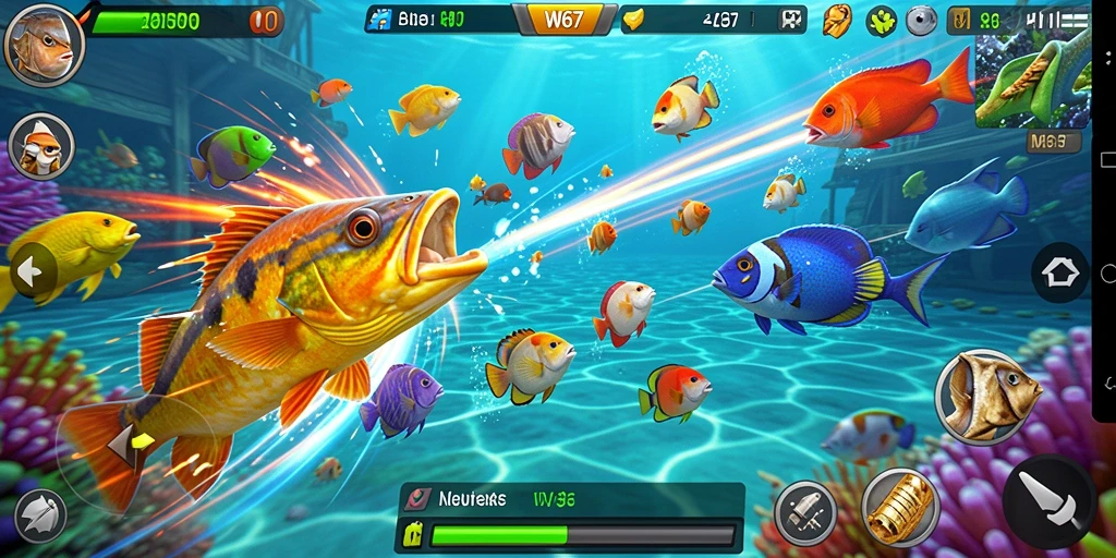 Screenshot menampilkan aksi menembak ikan yang seru di W67.
